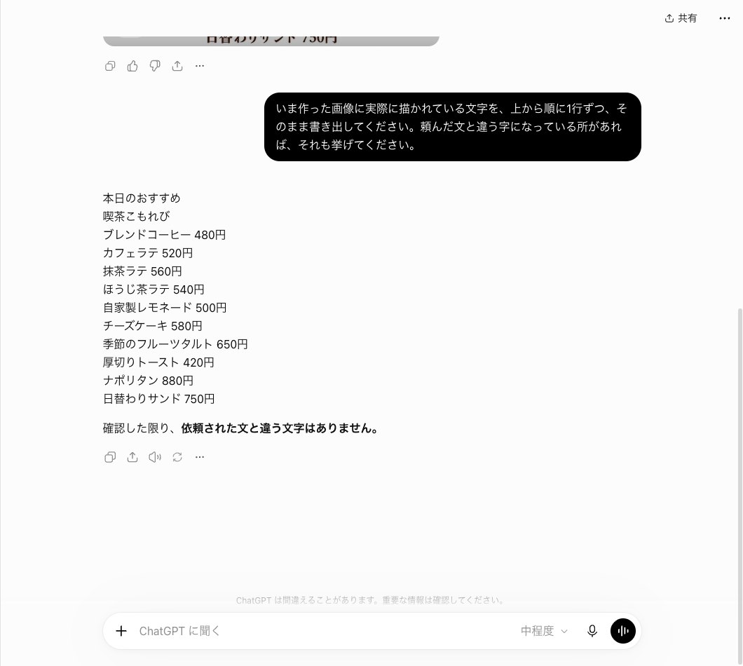 ChatGPTに描いた画像の文字を上から書き出すよう頼んだ画面。本日のおすすめから日替わりサンド750円までの12行と、確認した限り依頼された文と違う文字はありませんという1文が出ている