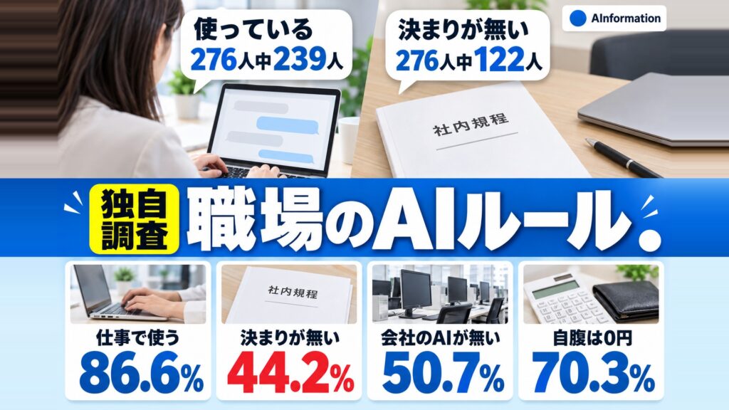 独自調査「職場のAIルール」のアイキャッチ。上はノートパソコンで作業する会社員と社内規程の冊子、吹き出しに「使っている 276人中239人」「決まりが無い 276人中122人」。下に白いカードが4枚で、仕事で使う86.6%・決まりが無い44.2%・会社のAIが無い50.7%・自腹は0円70.3%