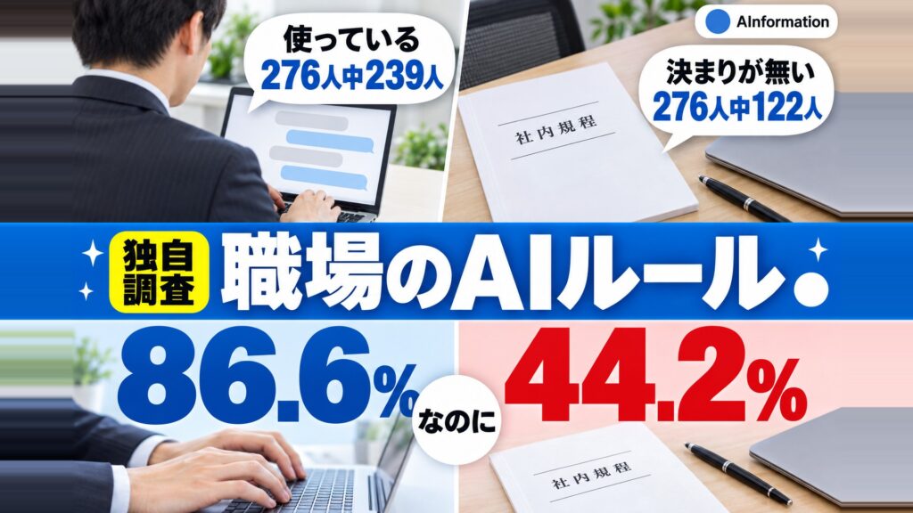 独自調査「職場のAIルール」のアイキャッチ。左はノートパソコンで作業する会社員と「使っている 276人中239人」、右は社内規程の冊子と「決まりが無い 276人中122人」。下段は86.6%と44.2%を「なのに」でつないだ対比