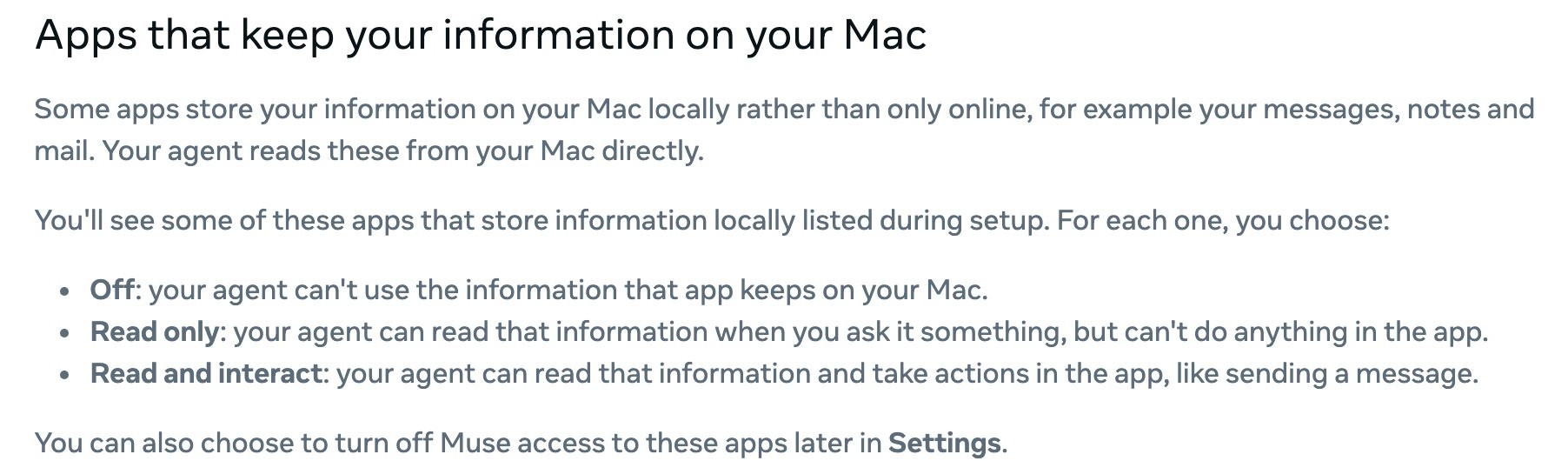 Metaヘルプセンターの英語ページの画面。Mac上のアプリごとにOff、Read only、Read and interactの3段階から選べると説明されている