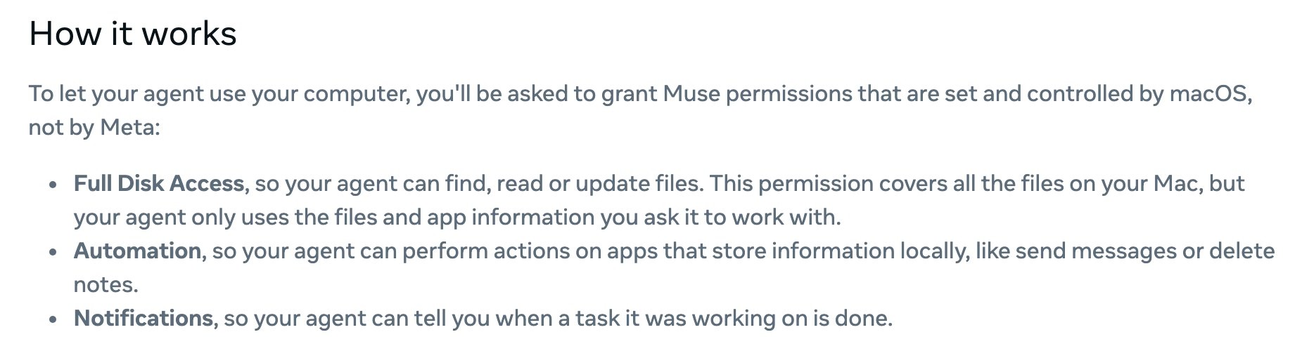 Metaヘルプセンターの英語ページの画面。Macでエージェントを使うにはFull Disk Access、Automation、Notificationsの3つの権限が必要で、これらはMetaではなくmacOSが管理すると書かれている