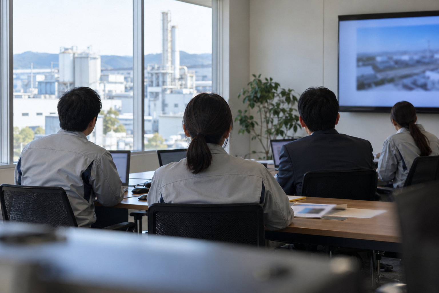 製造業の会議室。長机にノートパソコンと資料、壁に大きなモニター。窓の外に工場の建屋。出席者の後ろ姿だけ。昼の自然光