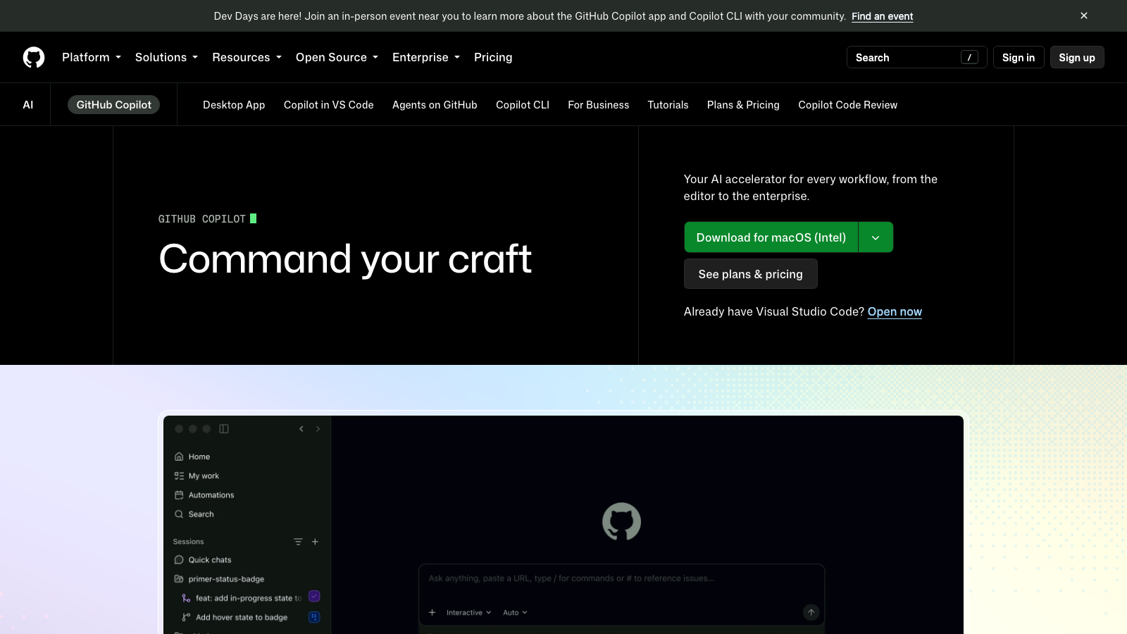 GitHub Copilotの公式ページとSign upのボタン