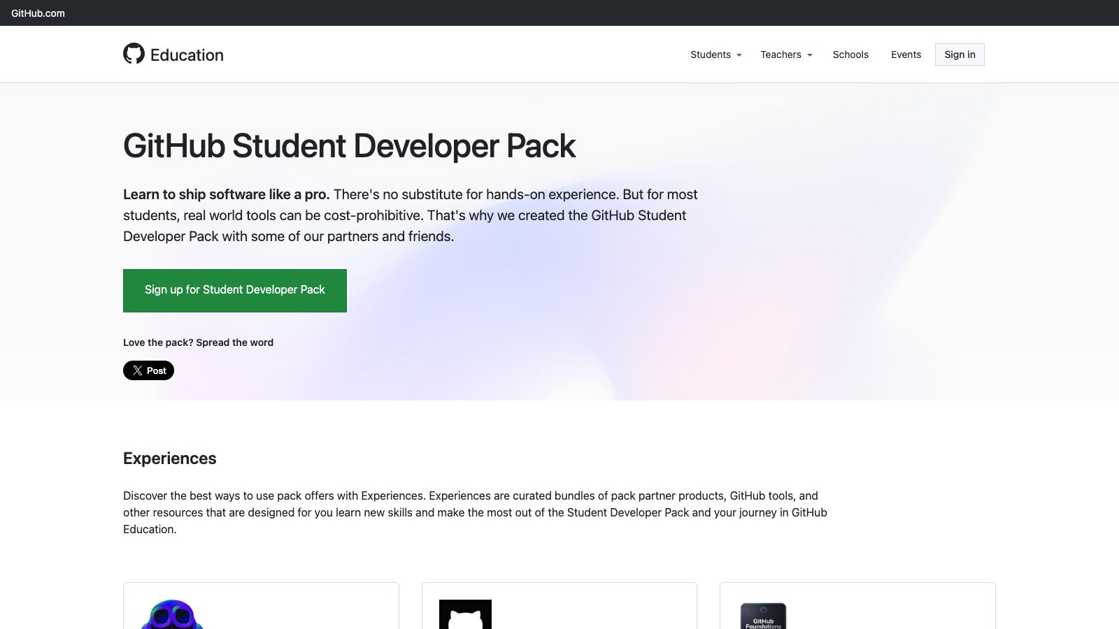GitHub Student Developer Packのページ