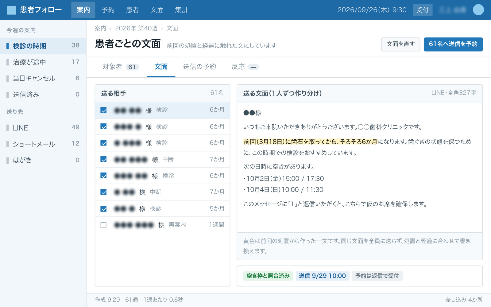 患者ごとの文面ができた画面（左に対象者のリスト、右にその人へ送る文面のプレビュー。前回の処置に触れた一文に下線が引かれている）