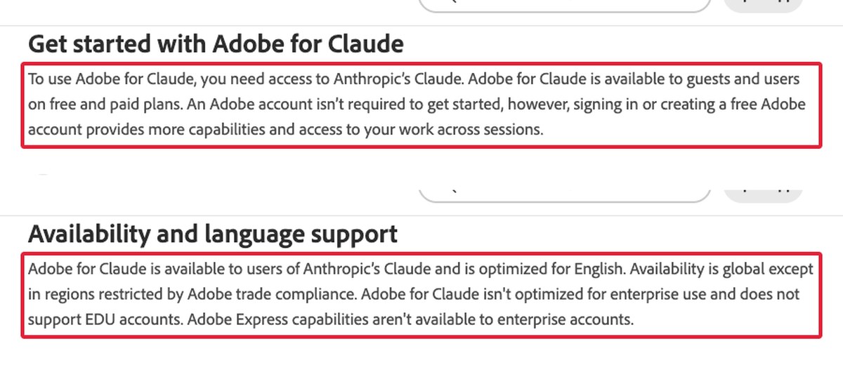 Claude用Adobeプラグインのヘルプ画面。ゲストでも使えることと企業アカウントではAdobe Expressが使えないことを赤枠で囲った