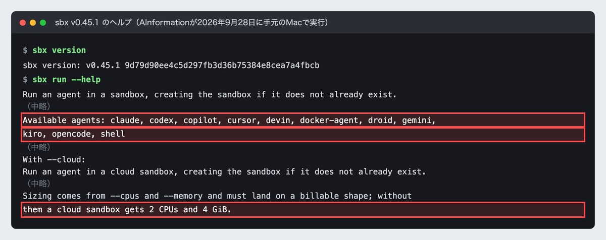 Docker Sandboxesのコマンドsbxのヘルプ画面。赤枠に、動かせるエージェントとしてclaude・codex・copilot・cursor・devin・geminiなどの名前と、大きさを指定しないクラウドの箱は2CPU・4G