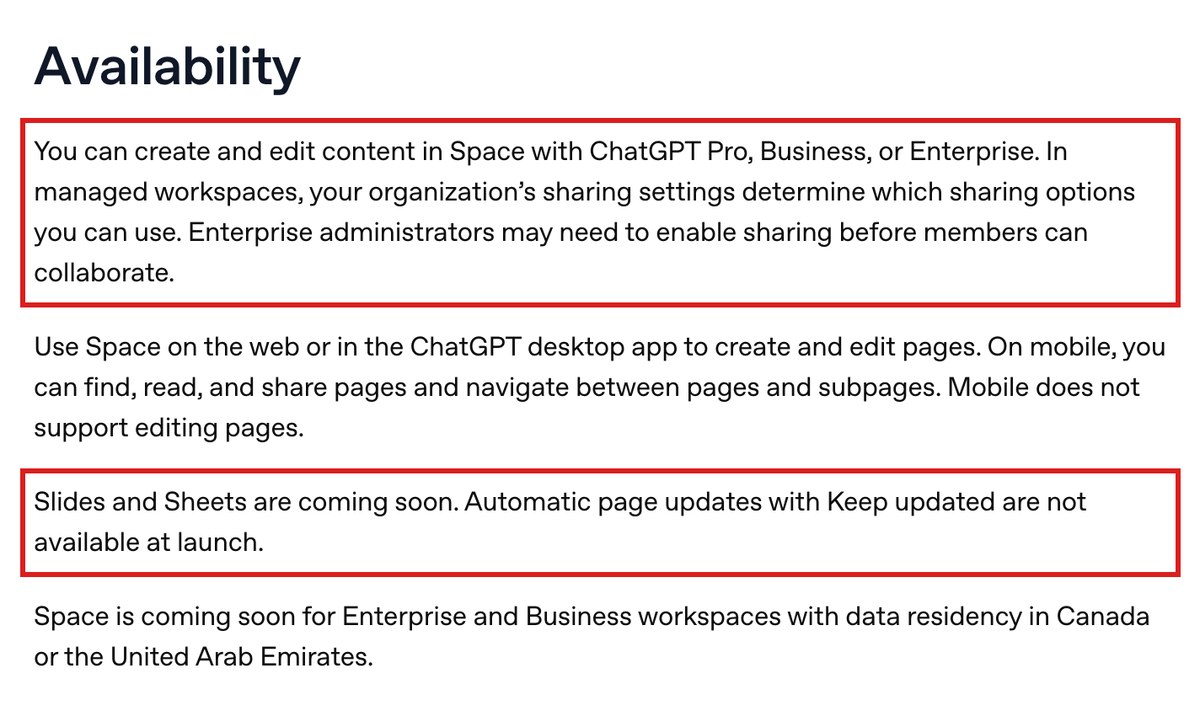 OpenAIのヘルプページのAvailabilityの画面。赤枠の中にSpaceで作成と編集ができるのはChatGPT Pro、Business、Enterpriseと書かれ、もう1つの赤枠にSlidesとSheetsは近日公開でKee