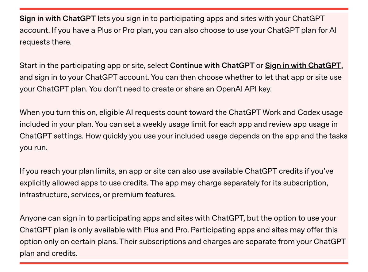 OpenAIのヘルプページの画面。赤枠の最後の段落に、ChatGPTでのログインは誰でもできるがプランの利用枠を使えるのはPlusとProだけと書かれている。上の段落には、使った分がChatGPT WorkとCodexの利用枠から引かれ