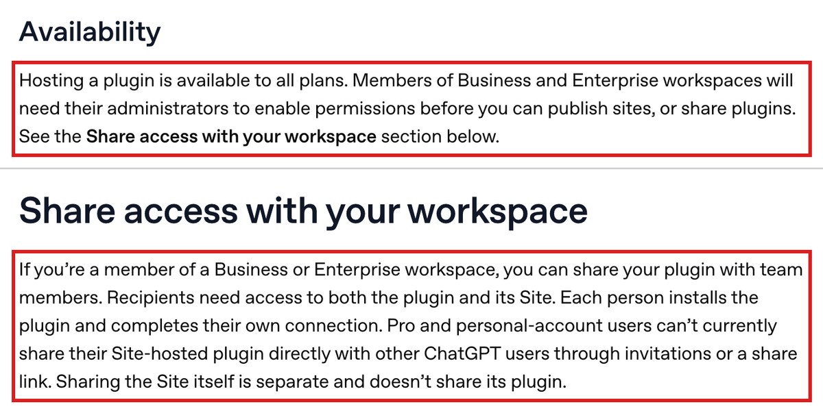 OpenAIのヘルプページの画面。赤枠の1つ目にプラグインを置く機能は全プランで使えるがBusinessとEnterpriseは管理者の許可が要ると書かれている。赤枠の2つ目にProと個人のアカウントはSitesに置いたプラグインを招待