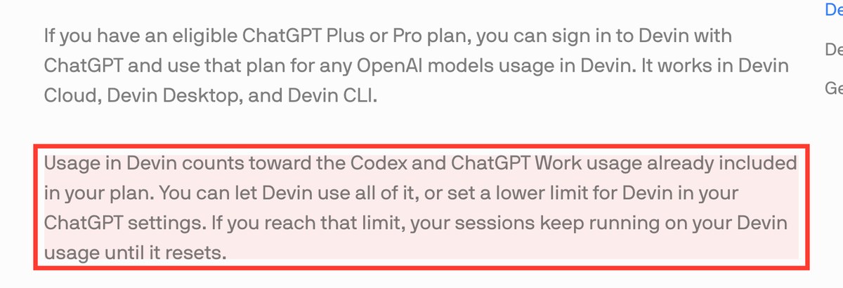 Devinの公式ブログの画面。赤枠に、Devinで使った分がChatGPTのプランのCodexとChatGPT Workの利用枠に数えられ、上限に達したあとはDevin側の利用分でセッションが動き続けると書かれている