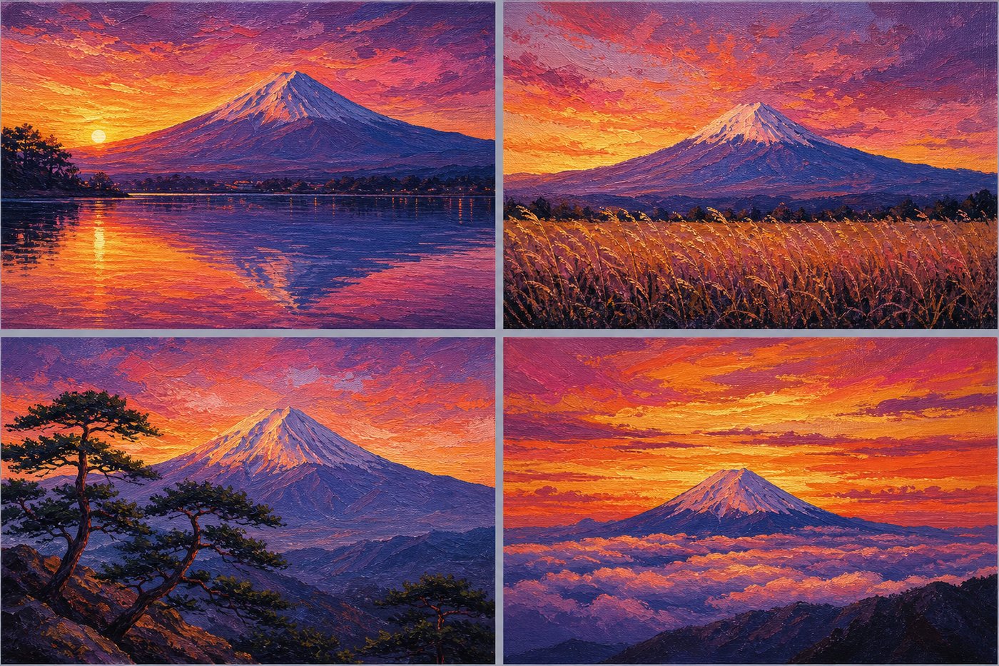 Pollo AIの画像生成で「夕暮れの富士山」をアクリル画のスタイルにした4パターンのイメージ