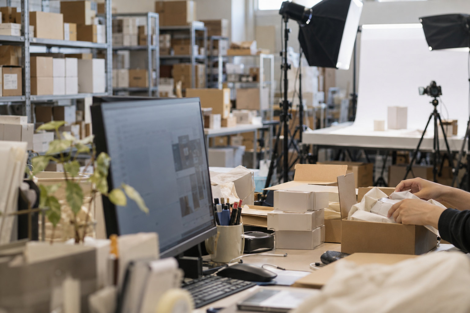 D2C企業の倉庫兼オフィス。商品の箱が積まれた棚の手前にデスクとモニター。撮影用の白いテーブルと照明。社員の手元だけ。明るい室内