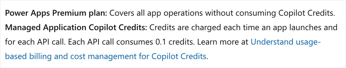 Copilot Managed Runtimeの説明書の画面。Power Apps Premiumならクレジットを使わずにすべての操作ができ、Copilot Creditsならアプリを開くたびとAPIを呼ぶたびに減り、API呼び出し1回