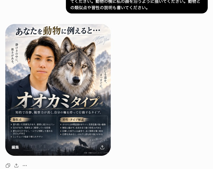 ChatGPTの動物診断の結果。本人の顔とオオカミが並んだポスター風の1枚が出て、類似点と習性の説明も絵の中に入っている。AInformation編集部が2026年9月20日に操作した画面