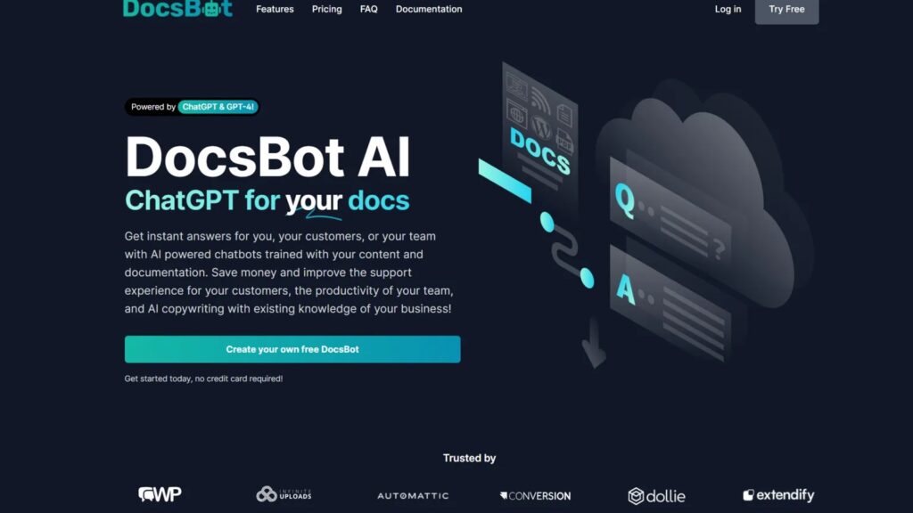 DocsBot AIのランディングページ。ナビゲーション上部にロゴ、Features、Pricing、FAQ、Documentationメニュー、Log in、Try Freeボタン。
