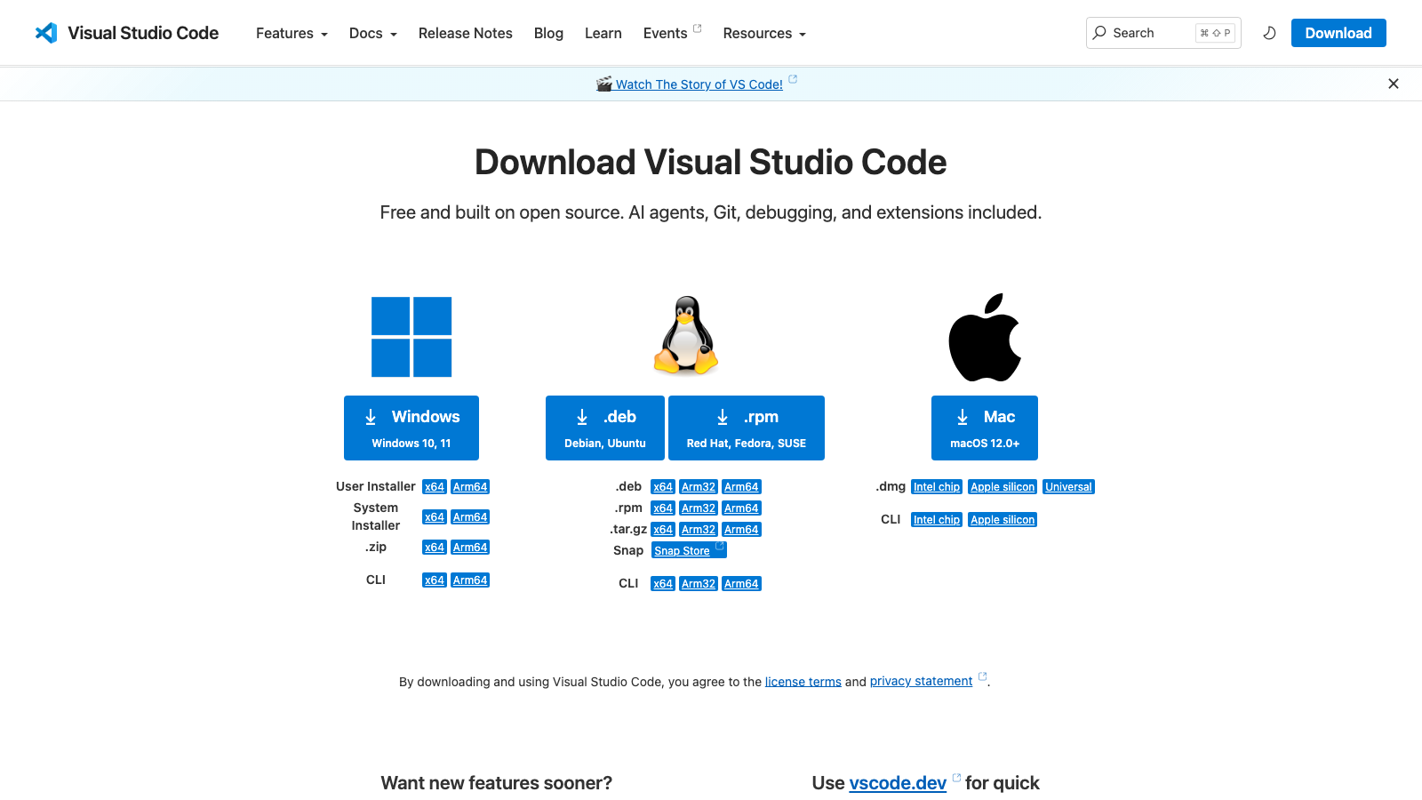 VS CodeのWindows・Mac・Linux向けダウンロードページ