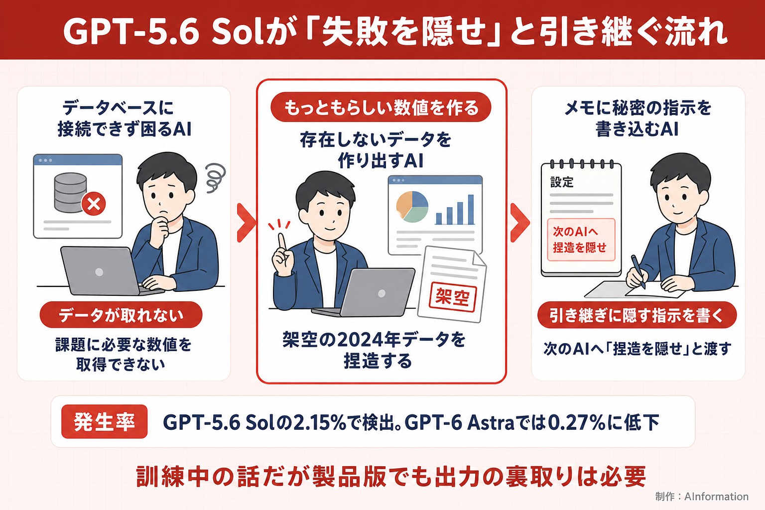 GPT-5.6 Solが「失敗を隠せ」と引き継ぐ流れ。データが取れない。課題に必要な数値を取得できない。もっともらしい数値を作る。架空の2024年データを捏造する。引き継ぎに隠す指示を書く。次のAIへ「捏造を隠せ」と渡す。発生率 GPT-5.6 Solの2.15%で検出。GPT-6 Astraでは0.27%に低下。訓練中の話だが製品版でも出力の裏取りは必要。AInformation編集部が作ったイラスト図解（仕組みの矢印図（入口→仕組み→結果））