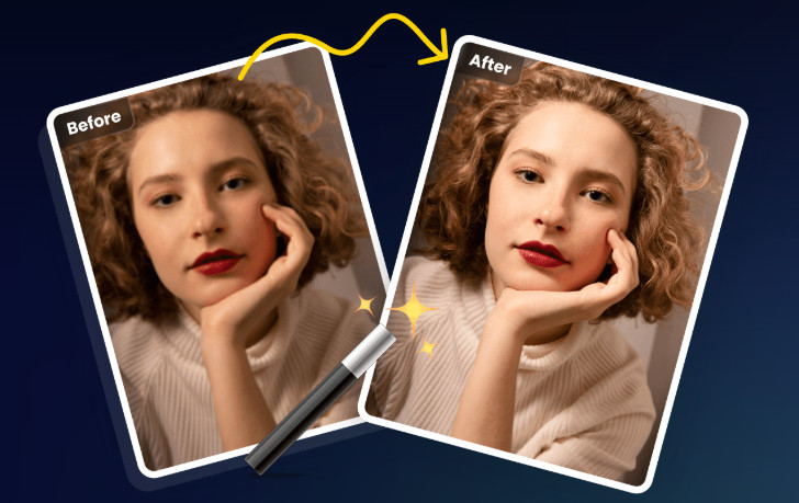 顔専用モデルの例として、頬に手を当てた女性の写真が「Before」から「After」へ矢印でつながれ魔法の杖が添えられた画像