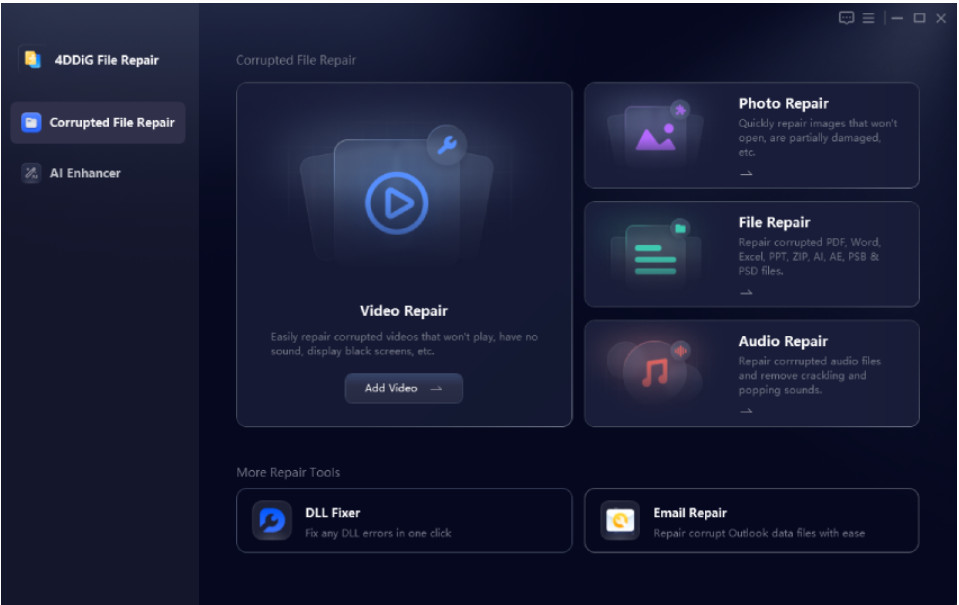 英語表示の4DDiG File Repairのホーム画面でVideo RepairとPhoto RepairとAudio Repairなどが並ぶ暗い配色の画面