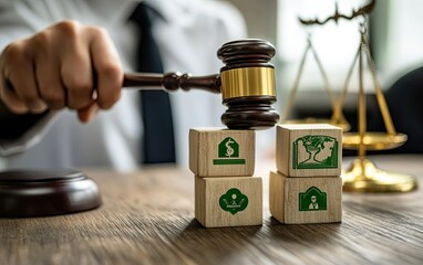 木槌を握る手の前に緑色のマークが付いた4つの木のブロックが積まれ、後ろに天秤が写った写真