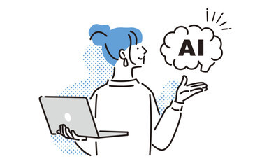 ノートパソコンを抱えた女性が、「AI」の文字が入った雲形の吹き出しを手で示している線画のイラスト
