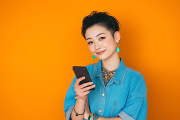 オレンジ色の背景の前で水色のデニムシャツの女性がスマホを片手に持ち、こちらに笑顔を向けている写真