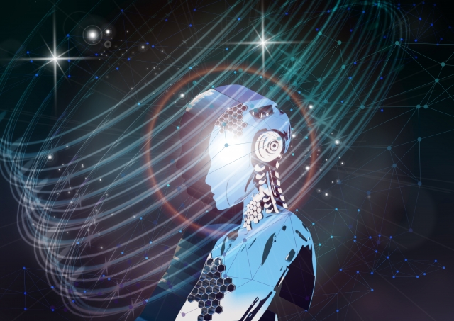光の輪と星に囲まれた横向きのロボットの頭部を描いた、人工知能をイメージしたCGイラスト