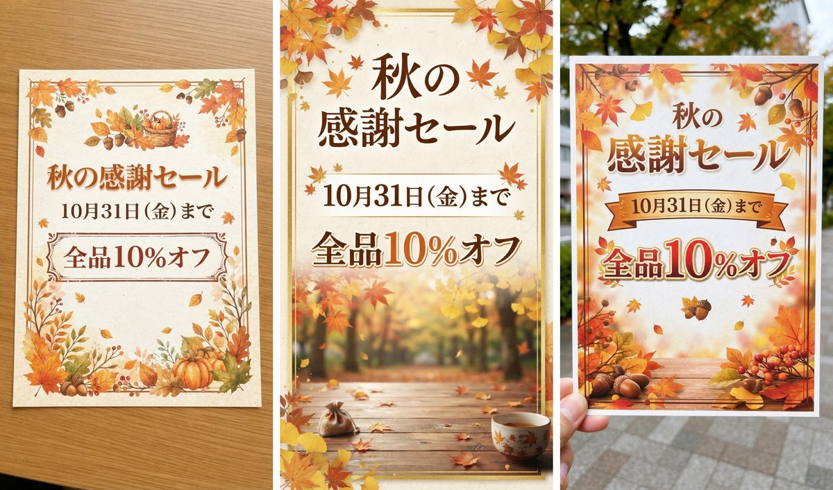 Nano Banana 2 Liteに縦長のチラシを3回頼んだ結果。秋の感謝セール・10月31日(金)まで・全品10%オフの3行はどれも正しいが、左は机の上の紙、右は手に持った紙の写真になっている