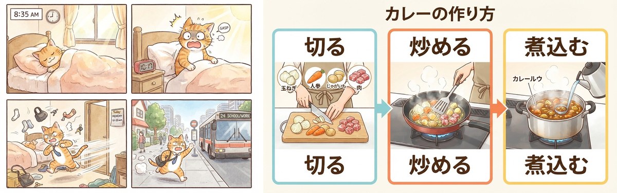 Nano Banana 2 Liteの4コマ漫画とカレーの図解。4コマには8:35 AMやGASPの文字、図解にはカレーの作り方の見出しと同じ語の重ね書きが入っている