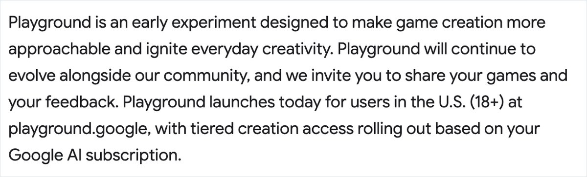 Googleの公式ブログ。Playgroundは米国の18歳以上へ向けてplayground.googleで公開し、Google AIの契約に応じて作れる量の段を分けると英語で書かれている