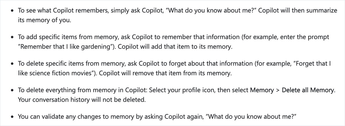 Microsoft サポートの「Microsoft Copilot privacy controls」の一部。Copilotに覚えてと頼むと記憶に足し、忘れてと頼むと記憶から消すと英語で書かれている