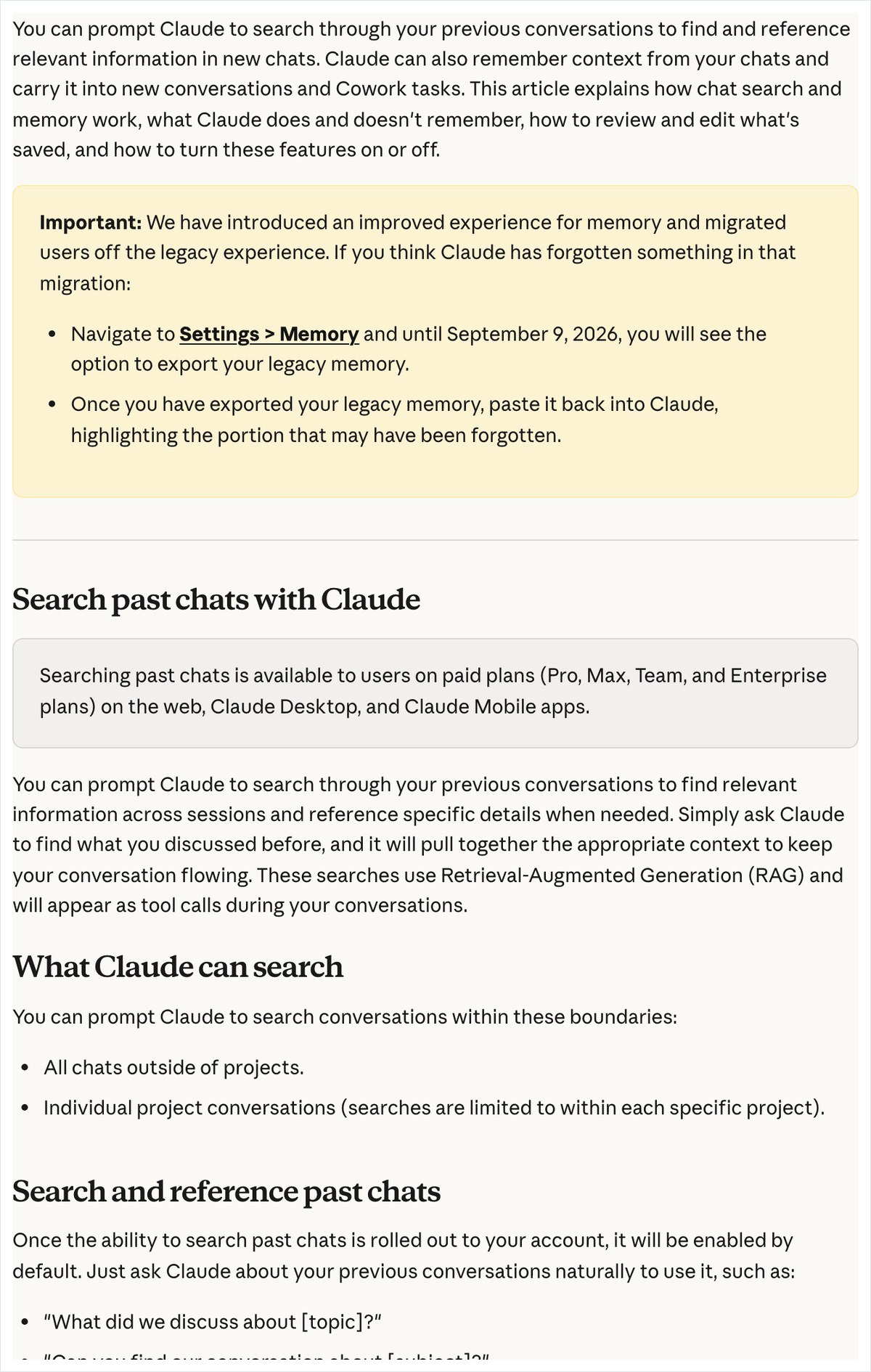 Claudeのヘルプ「Use Claude's chat search and memory to build on previous context」の一部。チャットから直接メモリを更新でき、覚える・変える・忘れるを頼むと次の会話から