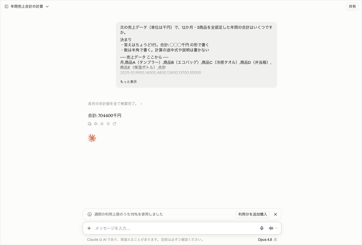 Claudeの会話画面。売上表の年間の合計を聞き、合計: 704400千円と1行で答えている