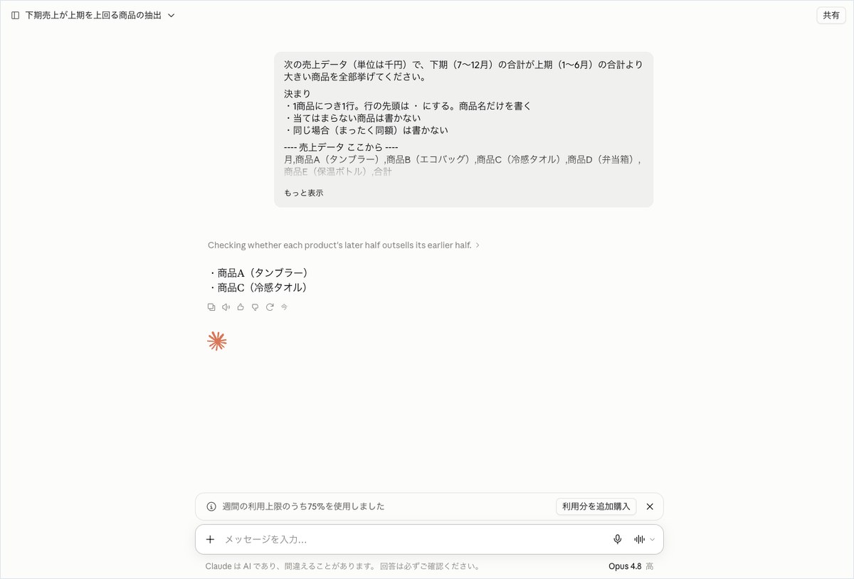 Claudeの会話画面。下期の合計が上期より大きい商品を聞き、商品A（タンブラー）と商品C（冷感タオル）の2行で答えている