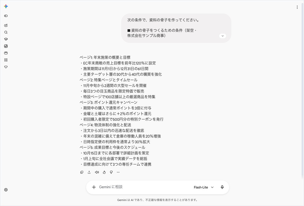 Geminiの会話画面。ページ1: 年末施策の概要と目標から始まり、各ページの下に・の箇条書きが3行ずつ並んでいる