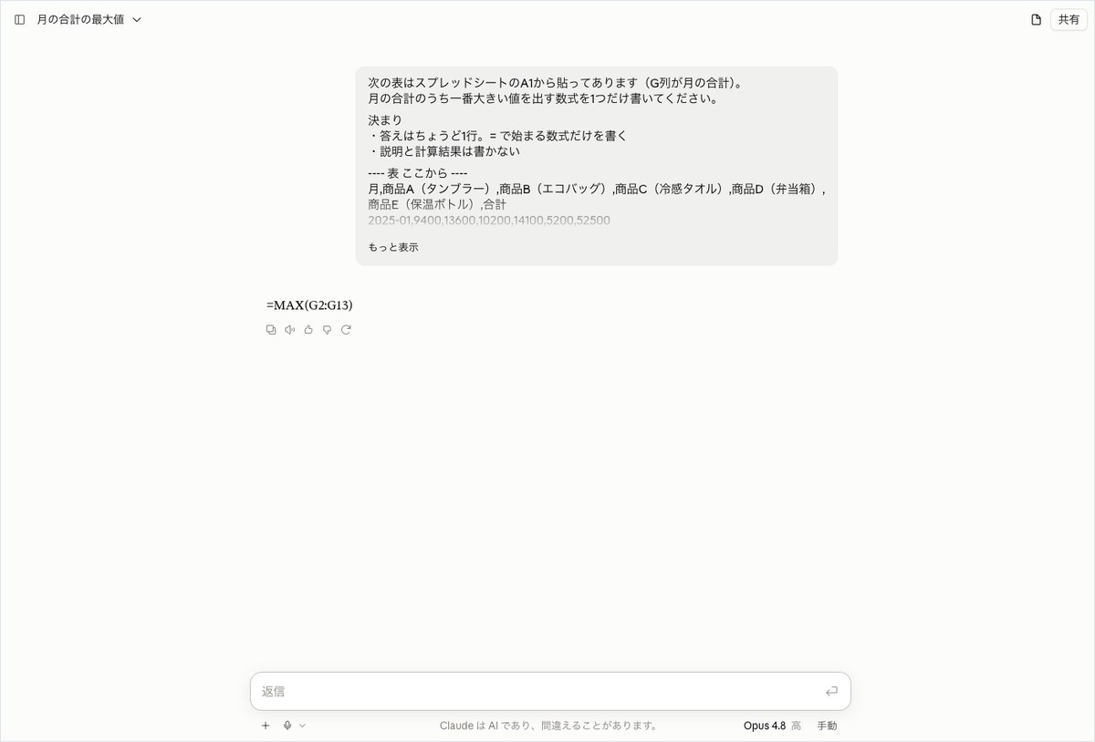 Claudeの会話画面。月の合計のうち一番大きい値を聞く依頼の下に=MAX(G2:G13)が表示されている