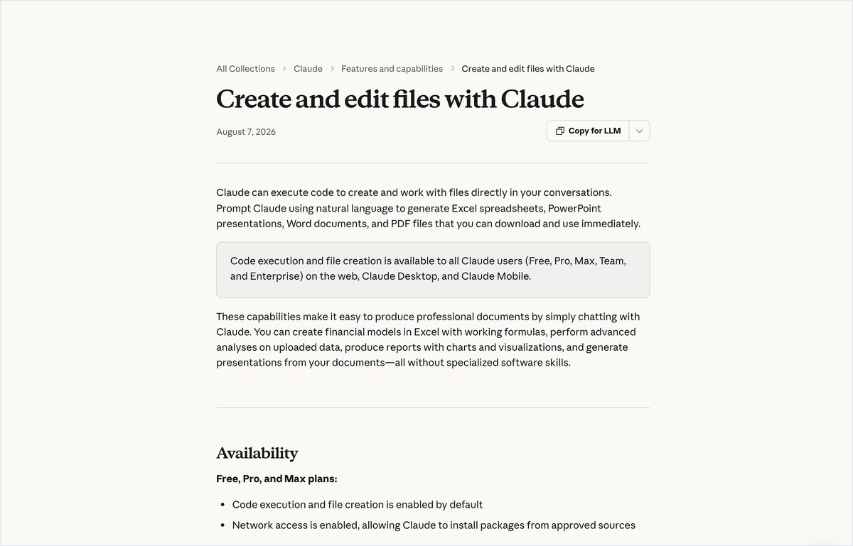 Claudeの公式ヘルプ「Create and edit files with Claude」の一部。Free・Pro・Maxでは設定のCapabilitiesからファイル作成を有効にすると英語で書かれている