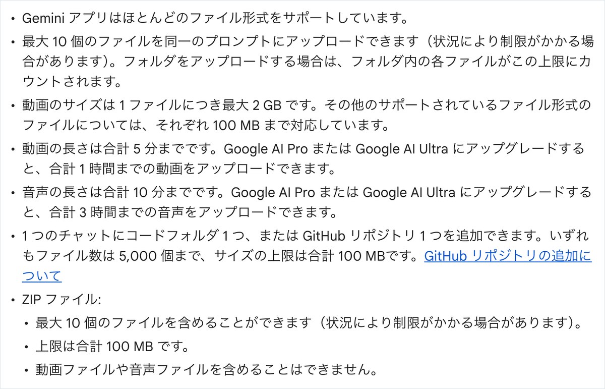Geminiアプリの公式ヘルプ「ファイルをアップロードして分析する」の一部。1つのプロンプトに最大10個のファイルをアップロードできると書かれている