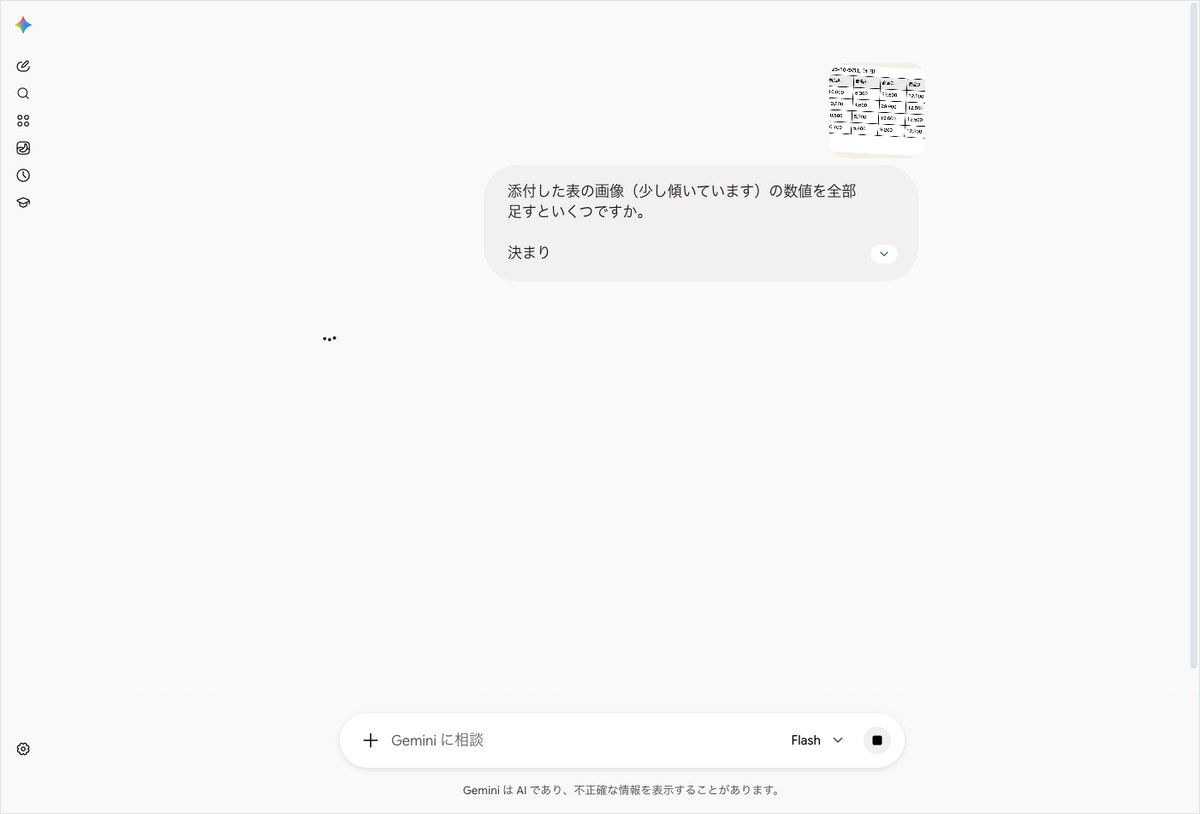 Geminiの会話画面。傾いた表の画像と課題文の下に点が3つ出たまま答えが表示されていない