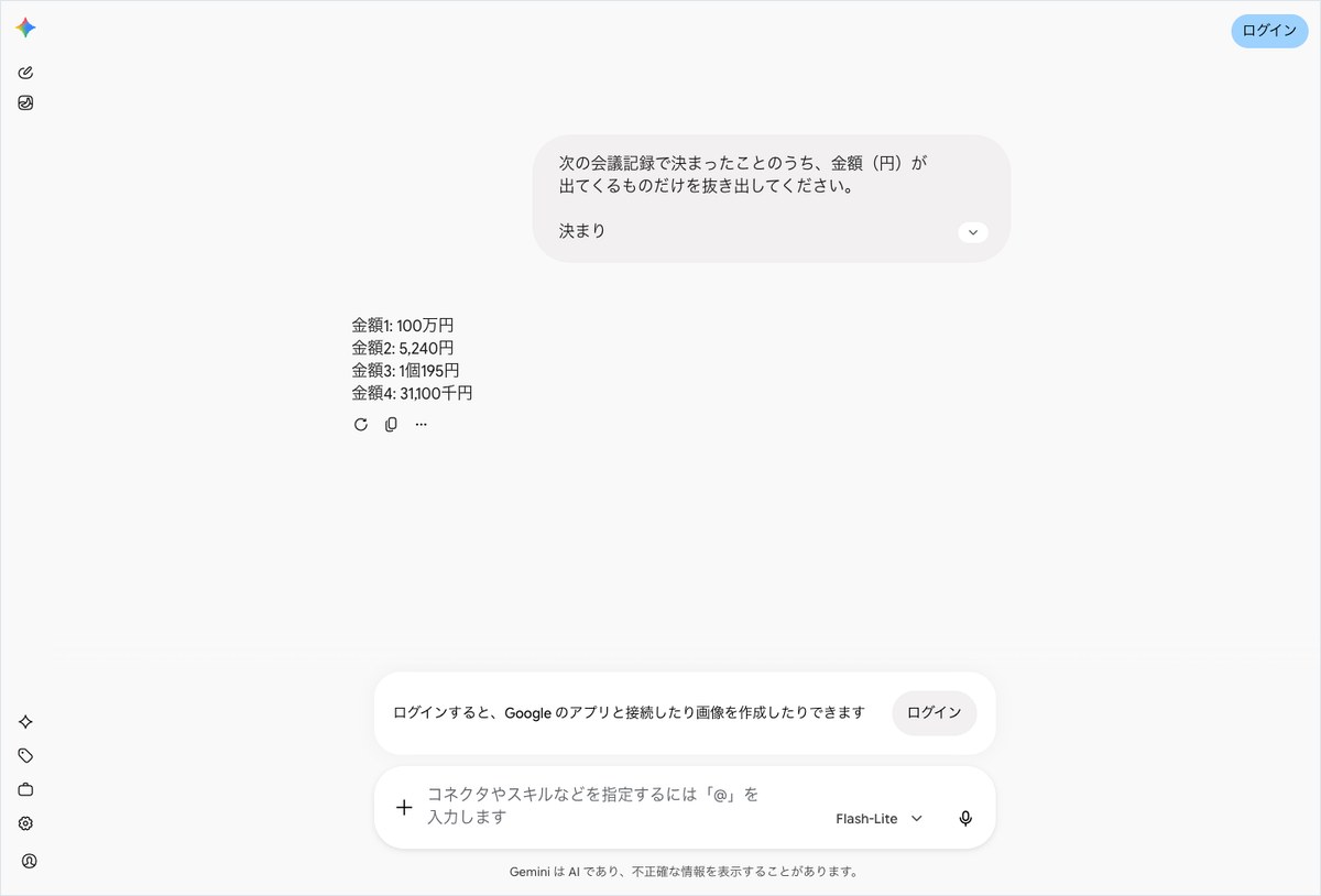 Geminiの会話画面。金額1: 100万円から金額4: 31,100千円までの4行だけが出ている