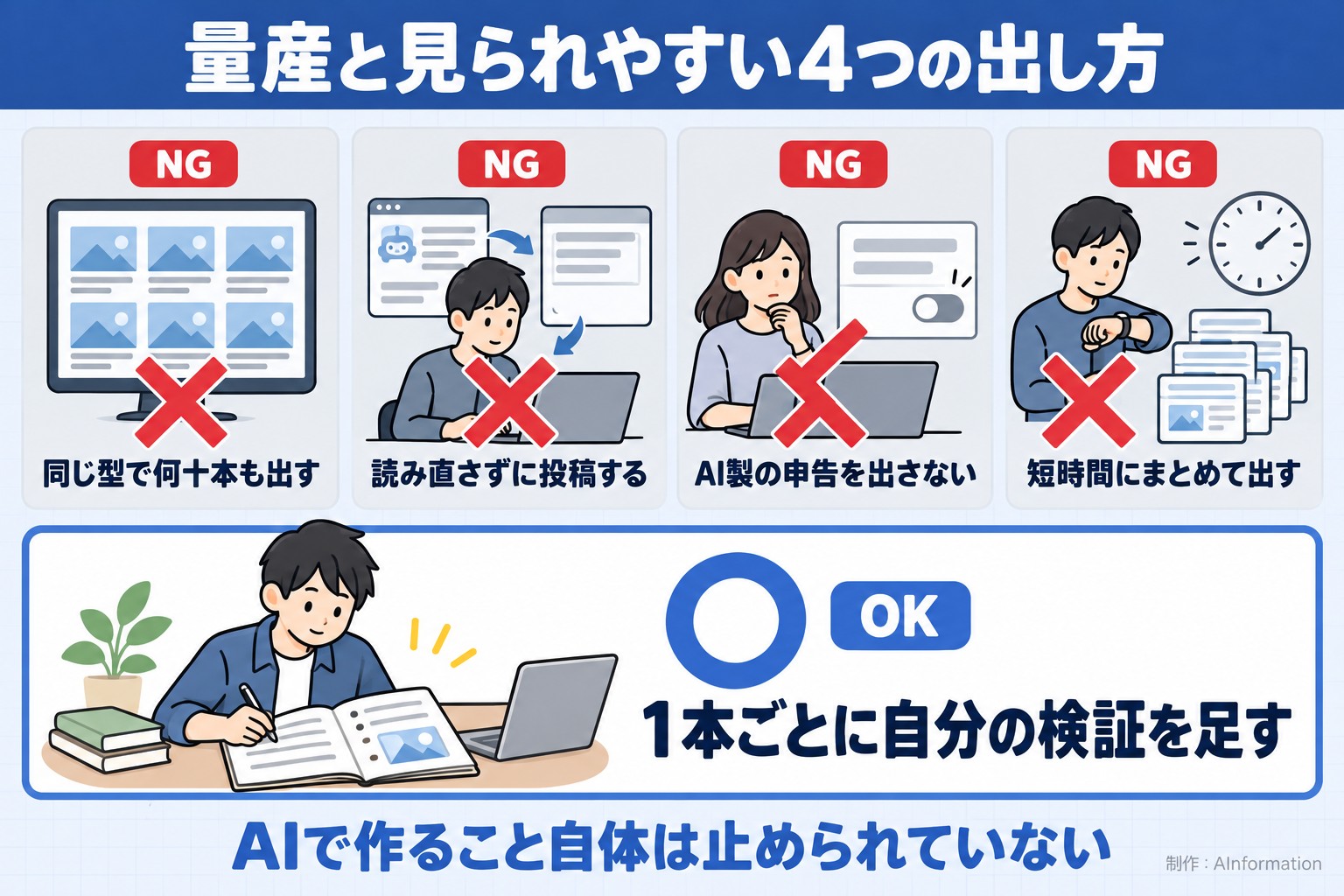 量産と見られやすい4つの出し方。同じ型で何十本も出す。読み直さずに投稿する。AI製の申告を出さない。短時間にまとめて出す。1本ごとに自分の検証を足す。AIで作ること自体は止められていない。AInformation編集部が作ったイラスト図解（やってはいけない×の並び）