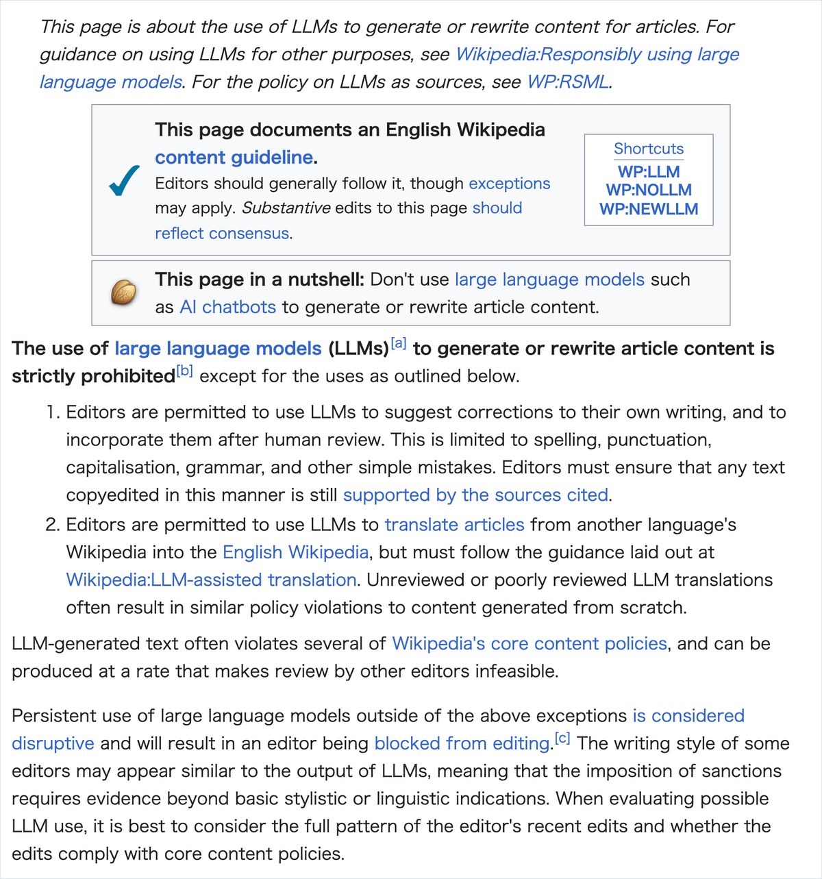 英語版ウィキペディアの指針のページ。LLMで記事の本文を生成したり書き直したりすることは厳しく禁止すると英語で書かれている