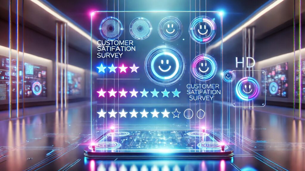星の数による評価とスマイルマークが並び、CUSTOMER SATIFATION SURVEYの文字が表示されたデジタル画面の写真。Anthropic、評価にAIを使えば告知を義務化 知らされた部下は16%だ