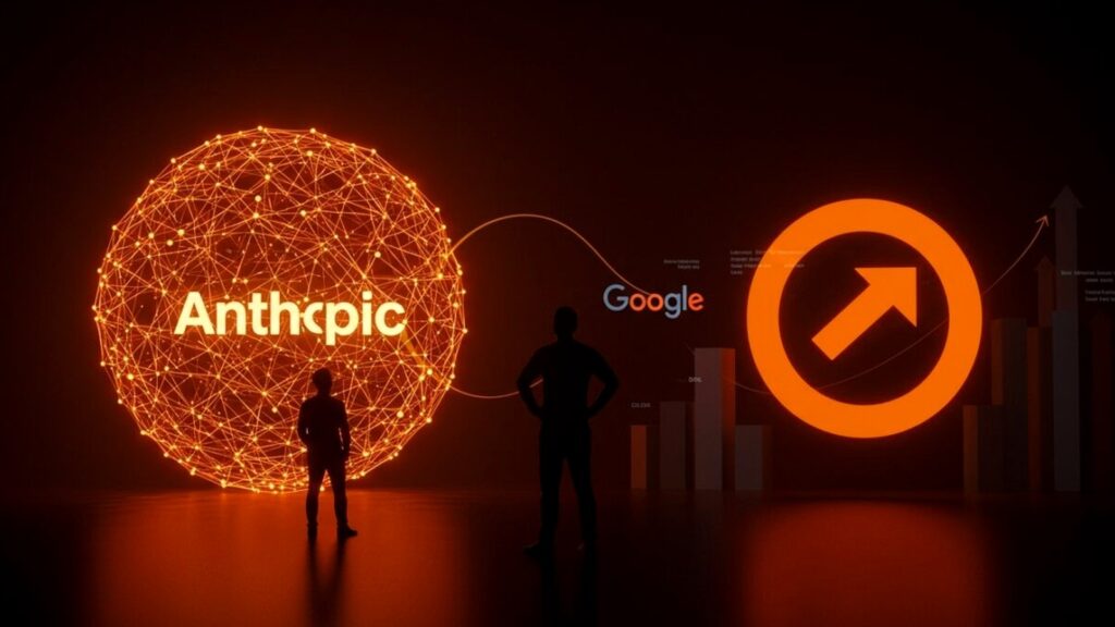 Anthropicの光る球体ロゴとGoogleのロゴ、上向き矢印のアイコンの前に人物2人が立つイメージ画像。Anthropic、AI自作は50%超と予測 確認不要で2モデルが学習した