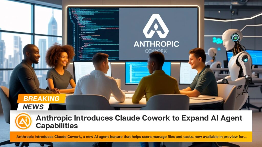 複数のモニターを囲む人々と背後の大画面にAnthropic COWORKのロゴが映るオフィスの画面。Anthropic、Coworkを10月6日にクラウド化 PC実行は選べない