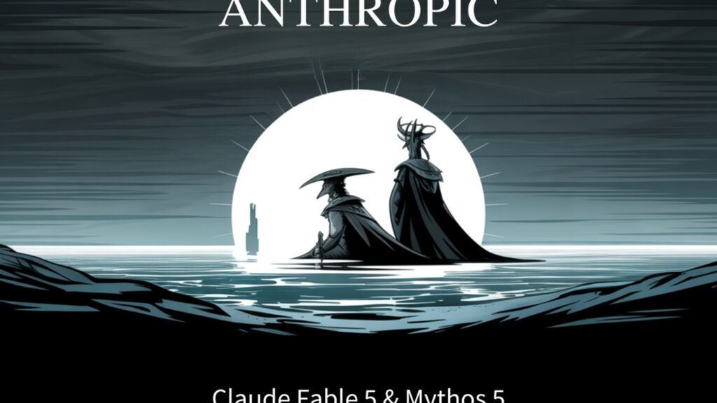 ANTHROPICの文字と満月を背に、仮面姿の人物2人が水面に立つイラストの画面。Anthropic、Mythos 5が実在の開発者を攻撃 止めたのは5%だ