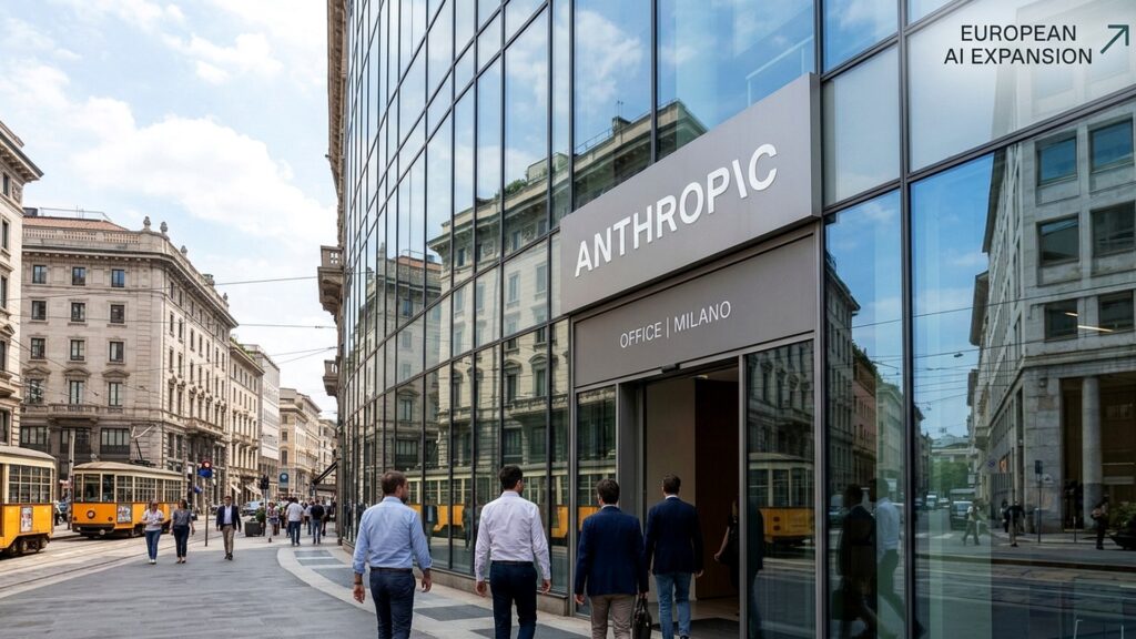 ガラス張りのビルに「ANTHROPIC OFFICE | MILANO」の看板が掲げられ、スーツ姿の4人が歩道を歩く写真。Anthropic、OSSの穴を0円で探す 初日の申請57件は採用0件だった