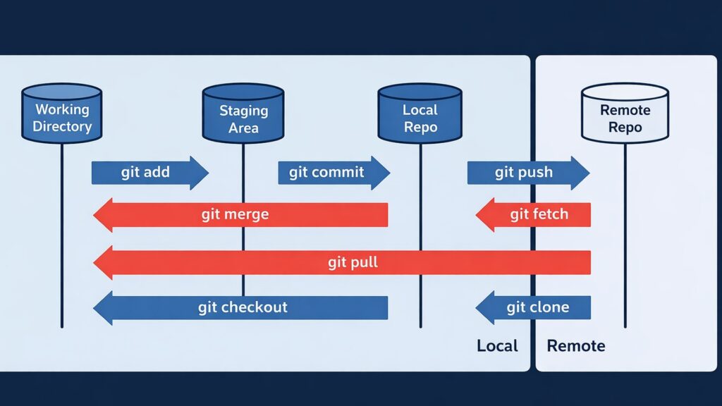 Working DirectoryからRemote RepoまでのGitコマンドの流れを矢印で示した図。Anthropic、自作Scionでマージ1日3万件 社外には公開しない