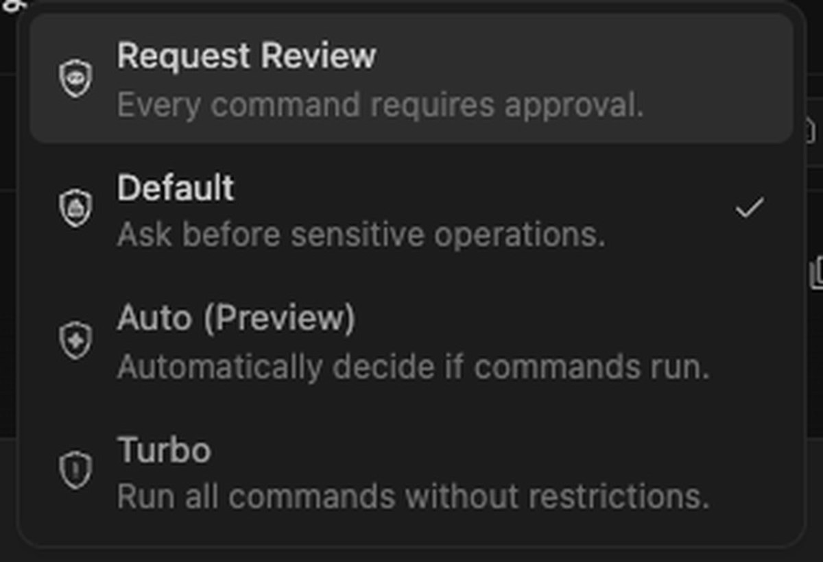 許可の段の選び方の一覧。Request Review、Default（チェックが付いている）、Auto (Preview)、Turboが説明つきで縦に並ぶ